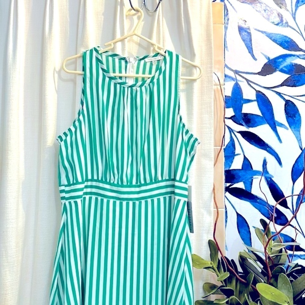 NWT Women’s Tash + Sophie Anthropologie Green & White Striped Midi Dress Size 12 - Picture 3 of 16